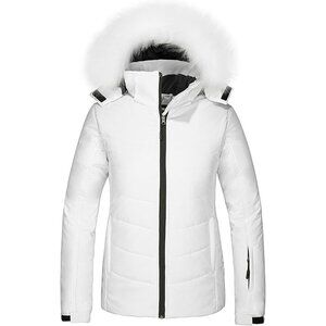 Women's Puffer Ski Hooded Jacket White Faux Fur Winter Warm Waterproof Coat